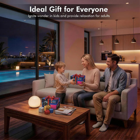 Family exchanging gifts with a Star Projector 4 in 1 Aurora Night Light With Bluetooth Speaker on the coffee table.