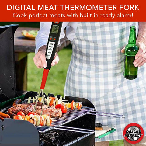 Digital Meat Thermometer Fork For Grilling And BBQ With Fast Read Probes in use on steak and kebabs on a grill
