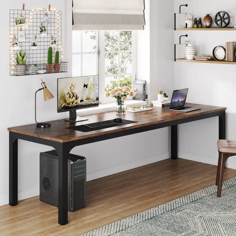 Extra Long 78.7 Inch Double Computer Desk For Two, sturdy home office workstation with MDF panel and iron pipe frame in a room setup