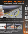 LOZAGU lower unit gear oil pump kit installed: quart bottle connected with yellow hose and 3/8 swivel adapter (8mm, 10mm).