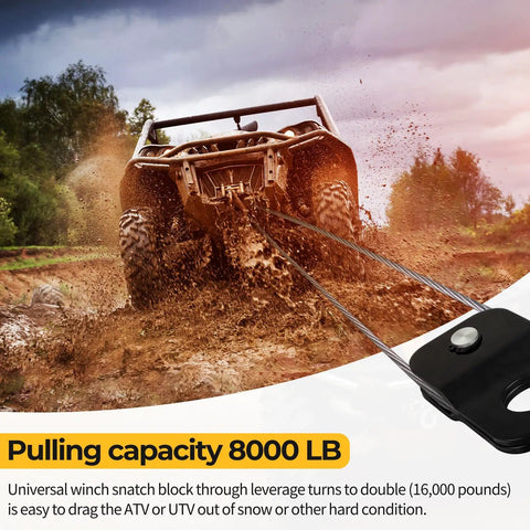 Beefed-Up 8000 Lbs Winch Snatch Block For ATV UTV Universal Heavy Duty Rope Pulley, black-coated, with 3/16 to 5/16 cable, on muddy off-road recovery