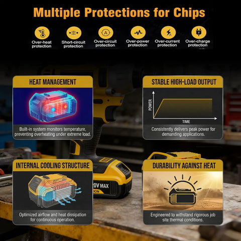 Rock Solid Heavy Duty 2 Pack 8 Ah Rechargeable Lithium Ion Battery Compatible With DeWalt 20V Max Power Tools detailed image showing heat management and protection features.