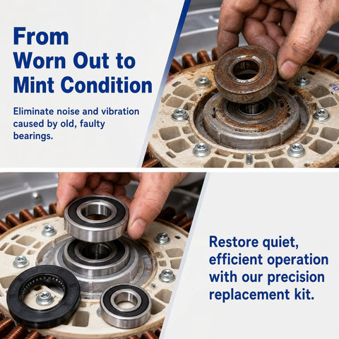 Top Tier Washer Bearing And Seal Replacement Kit That Nails Down Every Stubborn Water Drip While Keeping Drum Rotation Silent Using Heavy Duty Parts For Straightforward Mounting And Rock Solid Durability For Quick Fix Sessions. Close-up of hands installing precise metal bearings over old parts.
