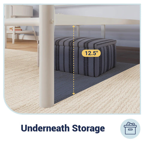 Built Tough Full Size Metal Bed Frame With Classic Headboard And Footboard In Crisp White featuring 12.5 inches of under bed storage.