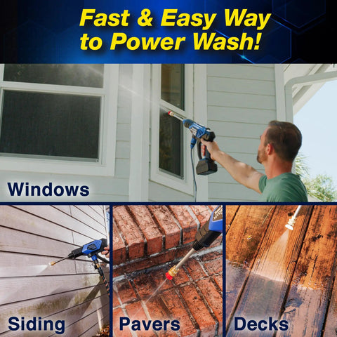Portable Cordless Pressure Washer With Turbo Jet Power 350 PSI 21V Battery cleaning siding, pavers, and decks outdoors.