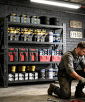 Built Like A Tank Heavy Duty Adjustable Steel Shelving Rack For Garage Or Warehouse Storage With Zero Hassle Setup And Rock Solid Frame 69By71 Inches 5000 Lbs Capacity Black Finish filled with tools and materials in a garage setting.