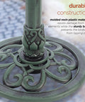 Close-up of ornate base of Outdoor 3 Tier Pedestal Water Fountain With Vintage Birdbath Accent In Green, sturdy resin material.