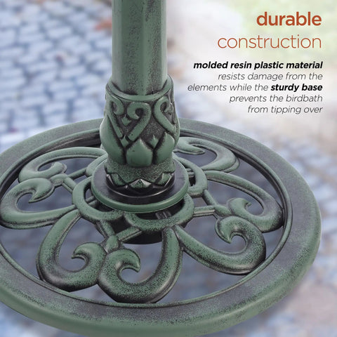 Close-up of ornate base of Outdoor 3 Tier Pedestal Water Fountain With Vintage Birdbath Accent In Green, sturdy resin material.