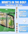 Package of 100 Premium Bamboo Golf Tees With 4-Prong Head, Two Sizes 3-1/4 and 2-3/4 inches, Height Mark Stripes, Smooth Finish