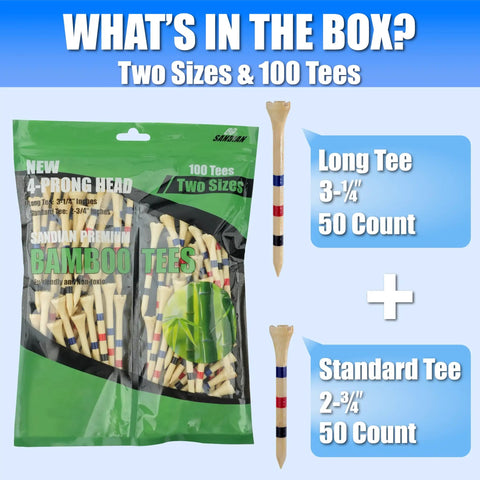 Package of 100 Premium Bamboo Golf Tees With 4-Prong Head, Two Sizes 3-1/4 and 2-3/4 inches, Height Mark Stripes, Smooth Finish