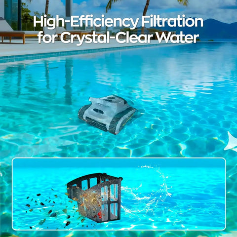 Cordless Robotic Pool Cleaner For Inground And Above Ground Pools With 180W Brushless Motor 3 Hour Runtime Wall Climbing Technology Scrubs Floors Walls And Waterlines For Pools Up To 2150 Sq Ft Hands Free Clean shown cleaning a pool with filtration system
