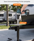 Beefy Stainless Steel Trailer Jack Drill Adapter with cordless drill in use on RV trailer jack at campsite.