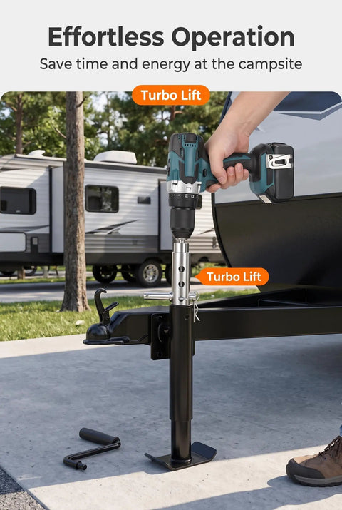 Beefy Stainless Steel Trailer Jack Drill Adapter with cordless drill in use on RV trailer jack at campsite.