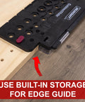 Milescraft CabinetMate shelf-pin drilling jig, black plastic with edge-guide storage mounted on wood edge.