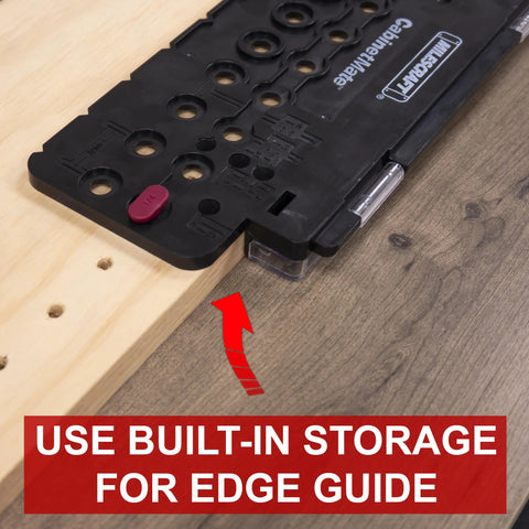 Milescraft CabinetMate shelf-pin drilling jig, black plastic with edge-guide storage mounted on wood edge.