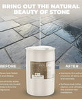 Premium Penetrating Masonry Sealer For Concrete Brick And Pavers Sets Up Tough As Nails Water Barrier in 55 Gallon drum with before and after stone patio.