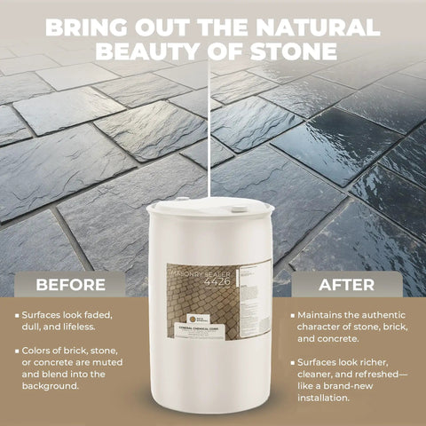 Premium Penetrating Masonry Sealer For Concrete Brick And Pavers Sets Up Tough As Nails Water Barrier in 55 Gallon drum with before and after stone patio.