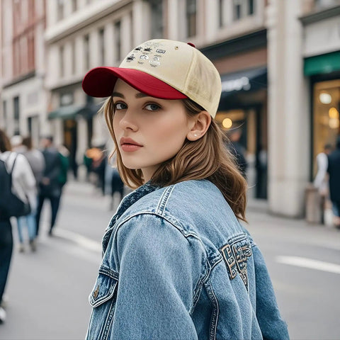 Woman wearing a Funny Spare Time RV Camper Trucker Hat For Dad Running Cap With Classic Look in city street