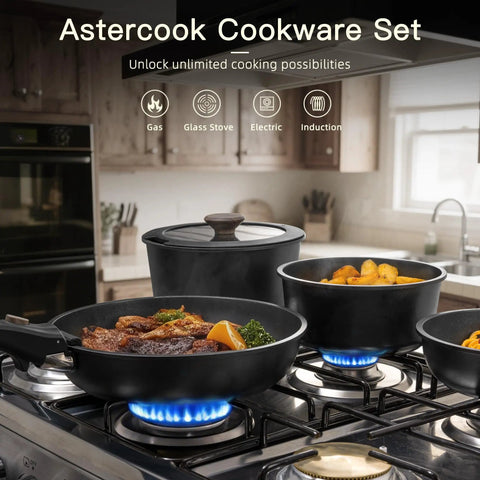 21 Piece Nonstick Ceramic Pots And Pans Set With Detachable Handles, RV Ready Kitchen Gear on a gas stove, black cookware