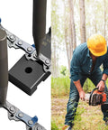 Pocket Chainsaw Breaker 3 In 1 Mini Chain Breaker Tool next to man using chainsaw in forest.