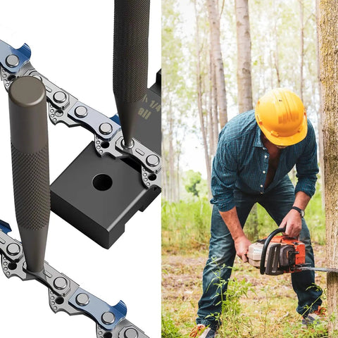 Pocket Chainsaw Breaker 3 In 1 Mini Chain Breaker Tool next to man using chainsaw in forest.