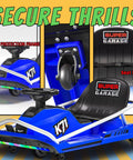 Blue 24V Electric Drift Go Kart For Kids Ages 6 To 12, 300W Brushless Motor, showing seat belt and crash protection frame