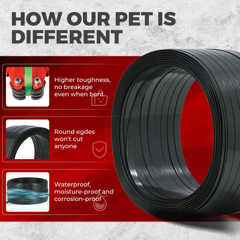 Heavy Duty Black PET Strapping Kit With Tensioner And Cutter, 5/8 Inch X 1000 Feet, showcasing advantages like toughness and waterproof features.
