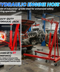 Easy Roll Three Ton Folding Hydraulic Engine Hoist Packs A Beastly Nine Ton Pump And Four Swift Casters Heavy Duty Alloy Steel Cherry Picker Crane lifting an engine in a garage.