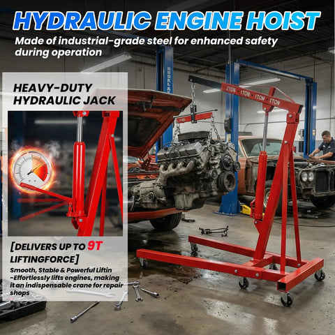 Easy Roll Three Ton Folding Hydraulic Engine Hoist Packs A Beastly Nine Ton Pump And Four Swift Casters Heavy Duty Alloy Steel Cherry Picker Crane lifting an engine in a garage.
