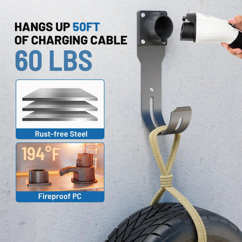 Real Deal Wall Mount EV Charger Holder Built For Everyday Drive Use Compatible With Popular J1772 Type 1 Connectors hanging 50FT cable.