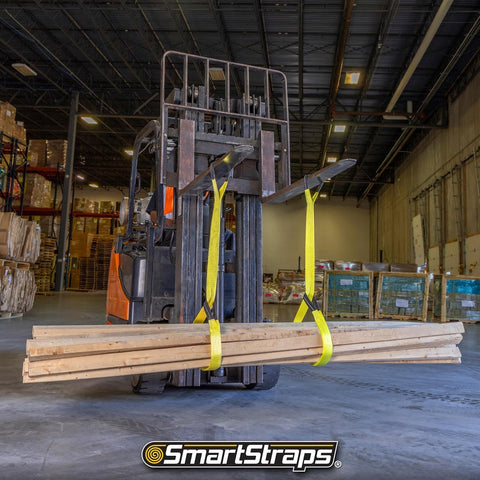 Forklift using Beefy 2x6 Nylon Webbing Sling 6,400 Lb Vertical Lifting Capacity for Choker and Basket Lifts, heavy wood load