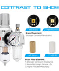 Contrast of One Quarter Inch NPT Air Filter Regulator Lubricator Combo With Semi Auto Drain Poly Bowl Zero To One Hundred Fifty Psi Gauge.