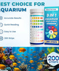 Hardcore Aquarium Test Strips 200 Count 9 In 1 Fish Tank Water Testing Kit with color chart and vibrant fish tank background.