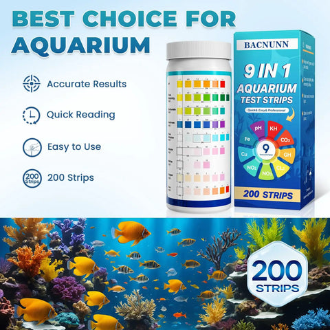 Hardcore Aquarium Test Strips 200 Count 9 In 1 Fish Tank Water Testing Kit with color chart and vibrant fish tank background.