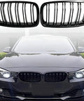 Gloss Black Front Kidney Grille For 2012 Through 2018 3 Series F30 F31 Double Slats Replacement, shown on BMW 3 Series front view