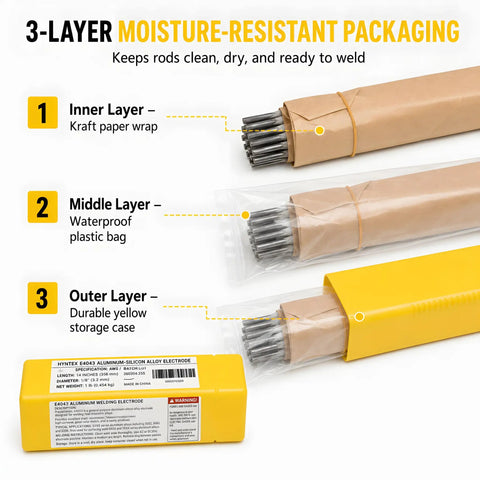 Pro-Grade Aluminum E4043 Welding Rods packaging showing three-layer moisture-proof protection