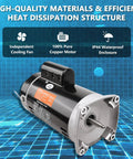 No Sweat Heavy Duty Dual Voltage Pool Pump Motor 2HP B2855 Replacement 56Y Frame Square Flange with copper motor and cooling fan.