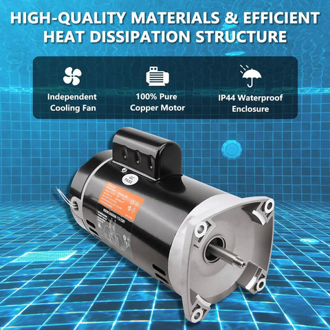 No Sweat Heavy Duty Dual Voltage Pool Pump Motor 2HP B2855 Replacement 56Y Frame Square Flange with copper motor and cooling fan.