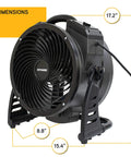 Xpower M-25 Ozone Air Neutralizing Fan With Powerful Axial Air Mover, dimensions showing 17.2 x 15.4 x 8.8 inches, black housing.