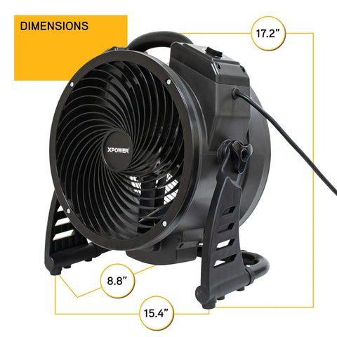 Xpower M-25 Ozone Air Neutralizing Fan With Powerful Axial Air Mover, dimensions showing 17.2 x 15.4 x 8.8 inches, black housing.