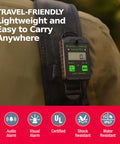 Sensorcon Inspector Industrial Pro portable carbon monoxide detector worn on backpack strap; black with digital display