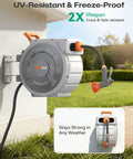 Wall-mounted No Fuss Retractable Garden Hose Reel with five eighth inch hose, 100 feet, UV-resistant and freeze-proof.