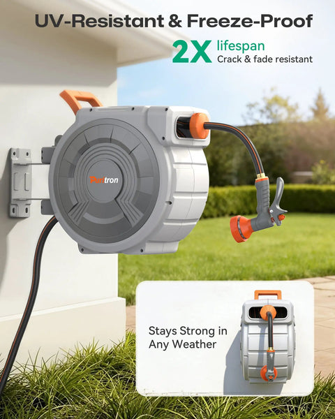 Wall-mounted No Fuss Retractable Garden Hose Reel with five eighth inch hose, 100 feet, UV-resistant and freeze-proof.