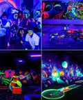 Glow party with Ultra Bright 42W LED Black Light Bar Set illuminating body paint, posters, and game room scenes.
