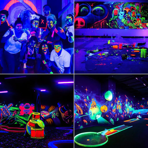 Glow party with Ultra Bright 42W LED Black Light Bar Set illuminating body paint, posters, and game room scenes.
