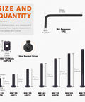 Chart showing 84Pcs M6 Furniture Bolts And Barrel Nuts Kit In Black Finish with bolt sizes and M4 spanner dimensions displayed.