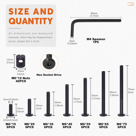 Chart showing 84Pcs M6 Furniture Bolts And Barrel Nuts Kit In Black Finish with bolt sizes and M4 spanner dimensions displayed.