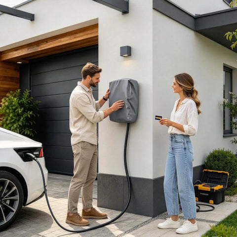Heavy Duty EV Charger Cover With Snag Proof Drawstring Closure Waterproof Dustproof Weather Guard Built Tough As Nails For Outdoor Plug Protection Goes Hard Rain Or Shine on wall mounted charger in driveway