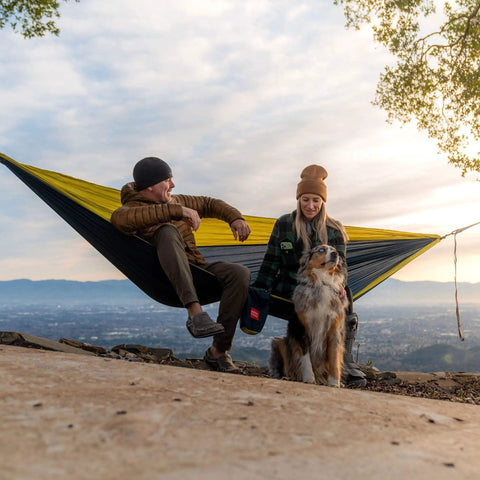Double Deluxe Hammock 11 Ft Long, 500 Lb Capacity, Ultra Light Packable Ripstop Nylon for Hiking, Camping, Travel, used with people outdoors