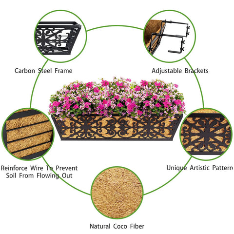 Two Pack 24 Inch Window Box Planters With Adjustable Brackets Coco Liners And Fabric Grow Bags For Deck Railing Balcony And Outdoor Garden Use Great For Sunlit Patios And Porches With Easy Mount Brackets And Durable Waterproof Finish featuring artistic pattern, carbon steel frame, and coco liners.